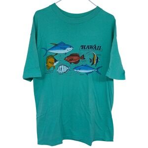 Vintage Hanes Beefy Hawaii Fish Graphic T Shirt XL Green Single Stitch Vtg 90s